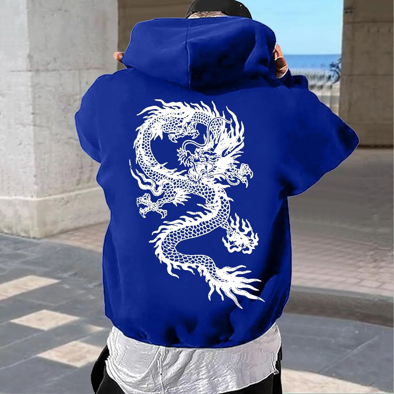 Men's Dragon Graphic Oversized Hoodies, Casual Loose Sweatshirt