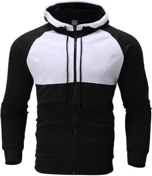 Men's Fashion Color Block Pullover Fleece Hoodie Casual Hooded Sweatshirts Full Zip Jacket with Pockets
