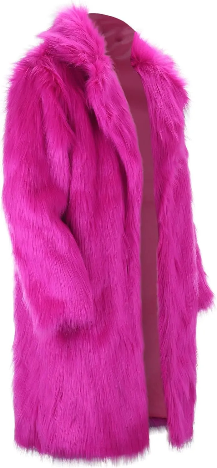 Men's Faux Fur Coat Open Front Cardigan Winter Fuzzy Fleece Jacket Warm Overcoat Turn Down Collar Coat