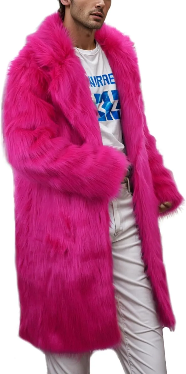 Men's Faux Fur Coat Open Front Cardigan Winter Fuzzy Fleece Jacket Warm Overcoat Turn Down Collar Coat