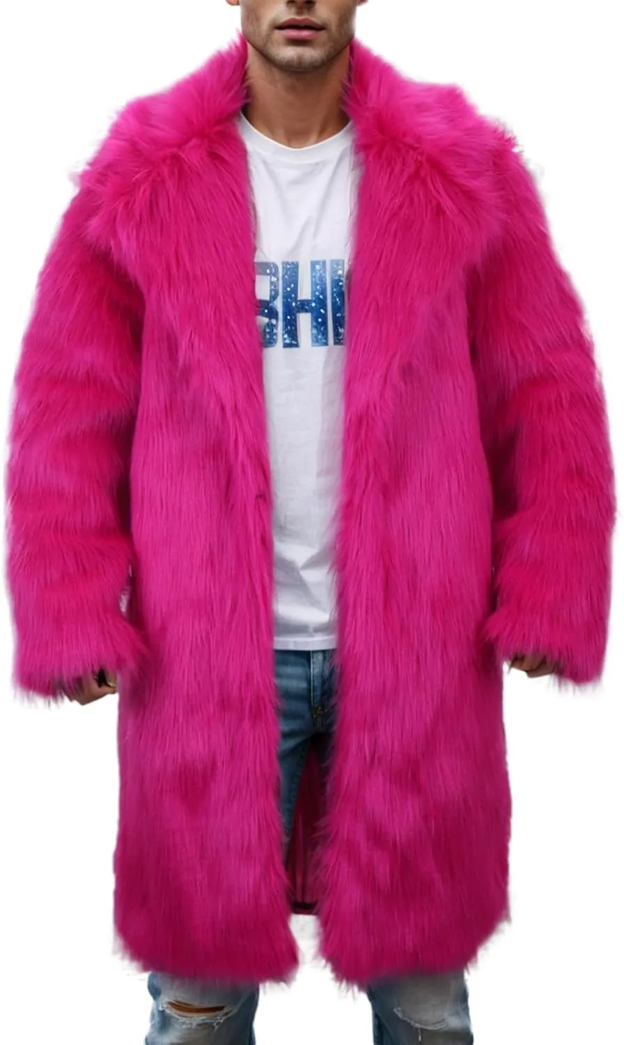 Men's Faux Fur Coat Open Front Cardigan Winter Fuzzy Fleece Jacket Warm Overcoat Turn Down Collar Coat