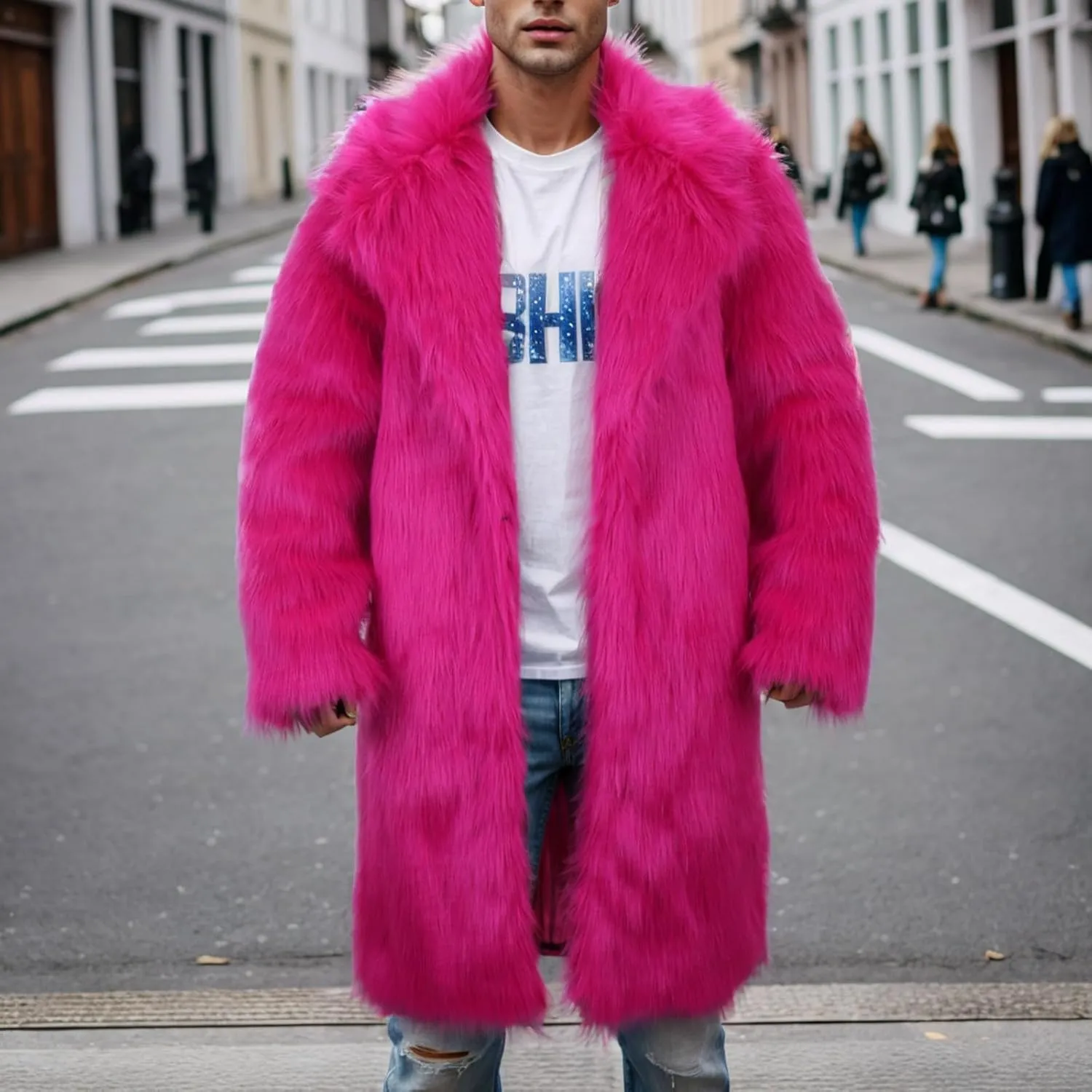 Men's Faux Fur Coat Open Front Cardigan Winter Fuzzy Fleece Jacket Warm Overcoat Turn Down Collar Coat