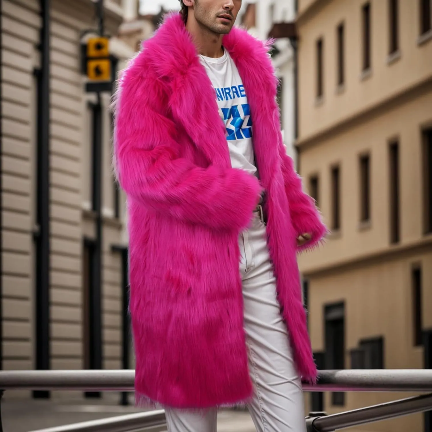 Men's Faux Fur Coat Open Front Cardigan Winter Fuzzy Fleece Jacket Warm Overcoat Turn Down Collar Coat