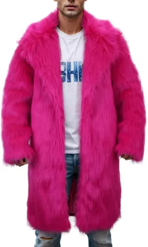 Men's Faux Fur Coat Open Front Cardigan Winter Fuzzy Fleece Jacket Warm Overcoat Turn Down Collar Coat