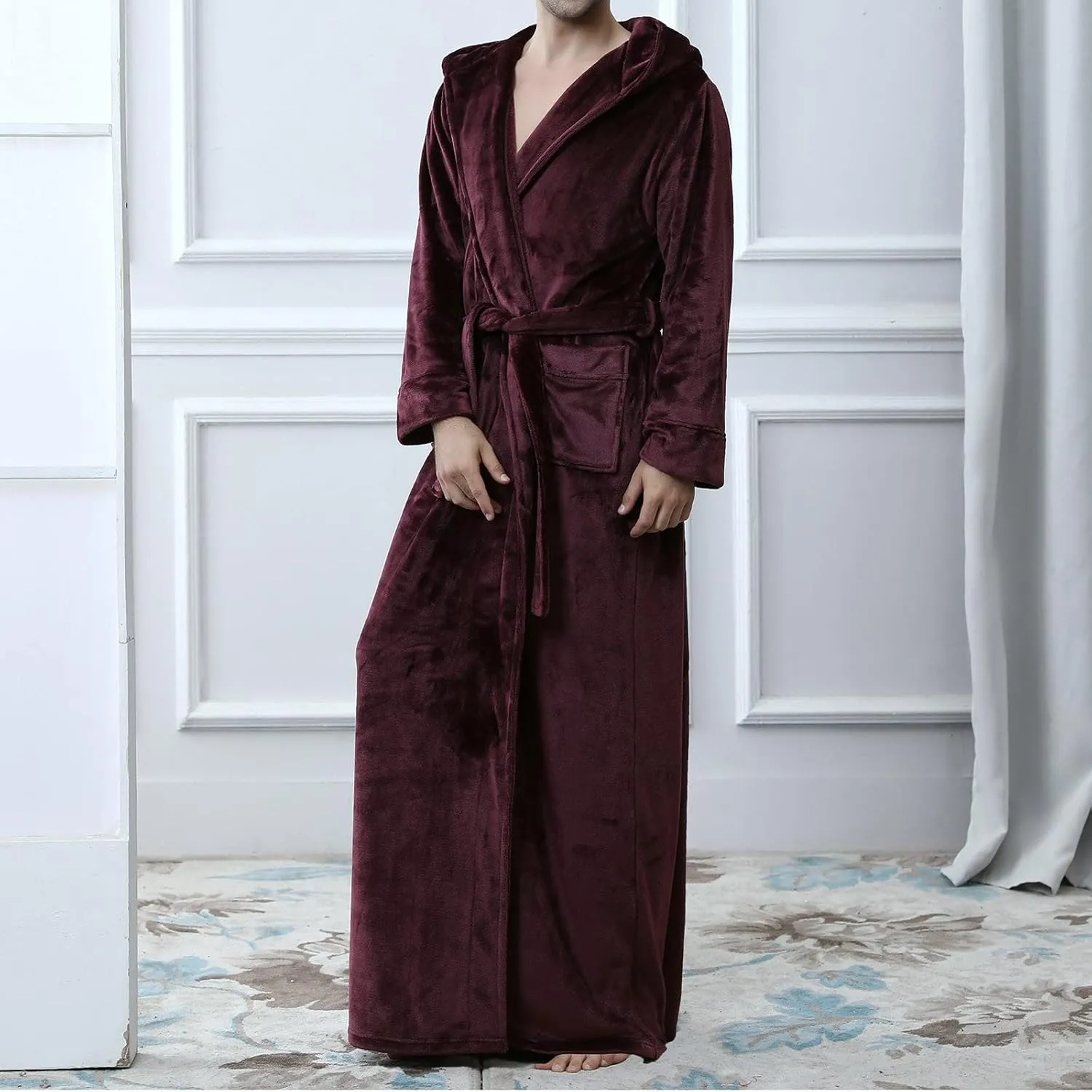 Men's Full Length Bathrobe Hooded Bath Robe Plush Fuzzy Pajama Warm Fleece Nightwear Winter Thickened Comfy Nightgown