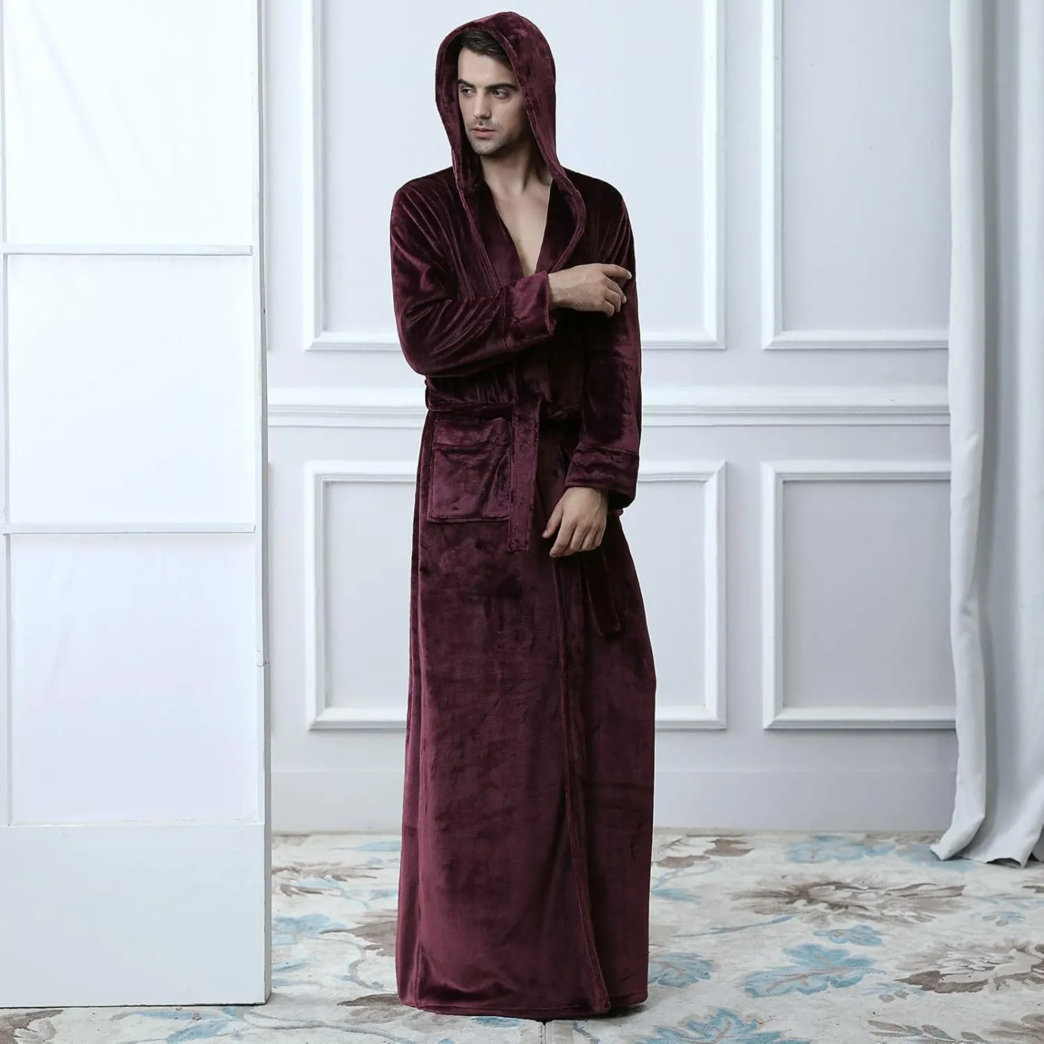 Men's Full Length Bathrobe Hooded Bath Robe Plush Fuzzy Pajama Warm Fleece Nightwear Winter Thickened Comfy Nightgown