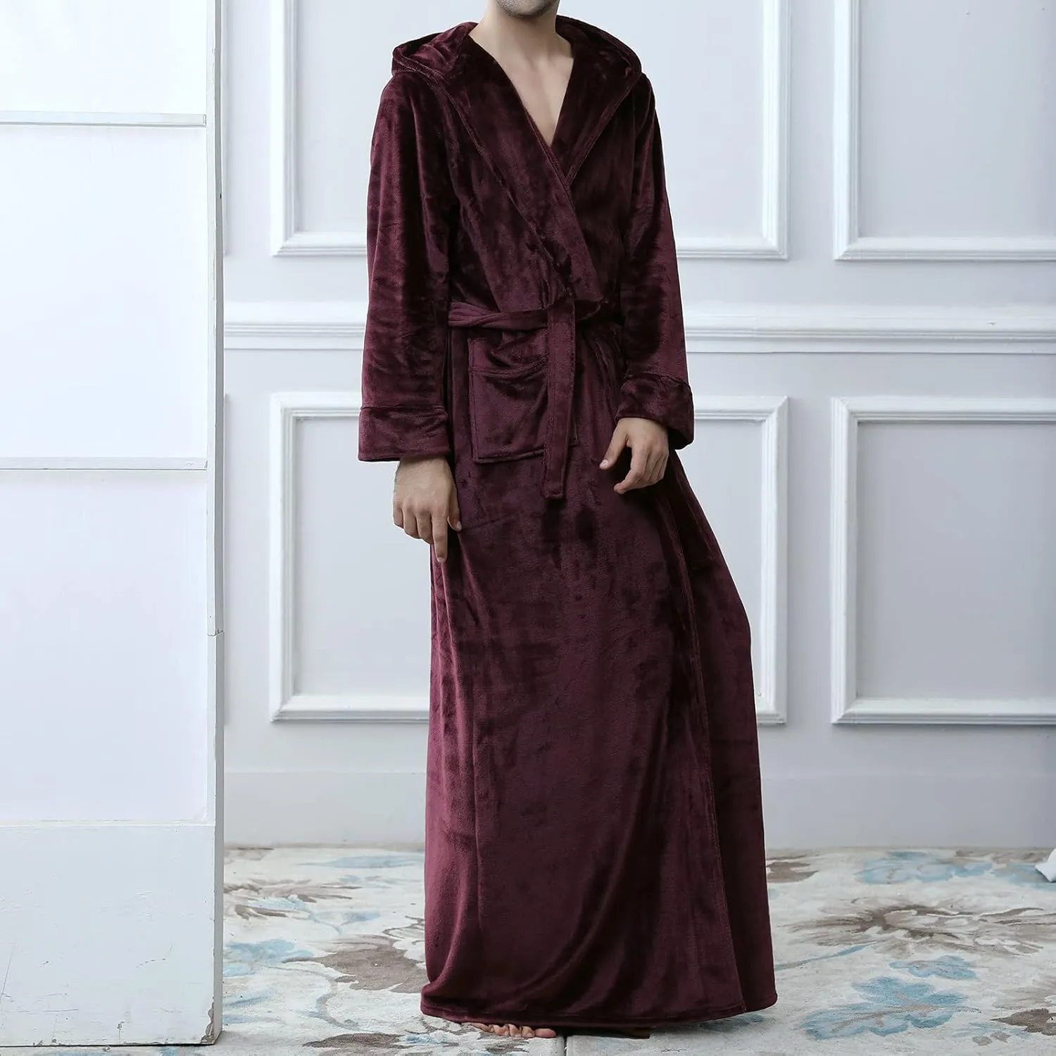 Men's Full Length Bathrobe Hooded Bath Robe Plush Fuzzy Pajama Warm Fleece Nightwear Winter Thickened Comfy Nightgown