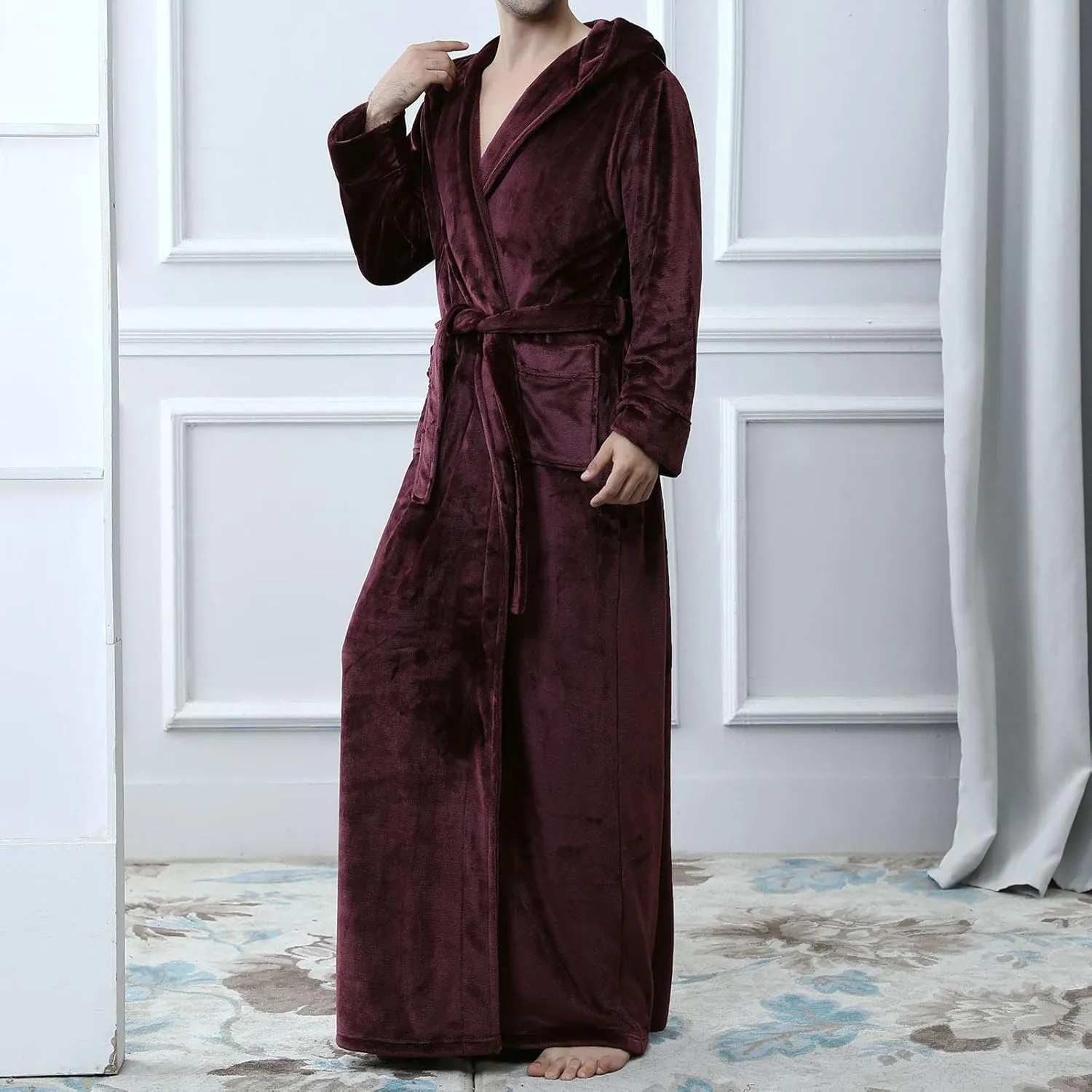 Men's Full Length Bathrobe Hooded Bath Robe Plush Fuzzy Pajama Warm Fleece Nightwear Winter Thickened Comfy Nightgown