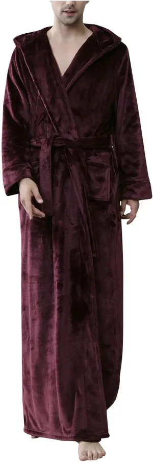 Men's Full Length Bathrobe Hooded Bath Robe Plush Fuzzy Pajama Warm Fleece Nightwear Winter Thickened Comfy Nightgown