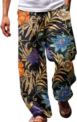 Mens Hip Hop Baggy Aladdin Harem Pants Hippie Ethnic Print Boho Beach Yoga Trousers Linen Cotton Drop Crotch Trousers