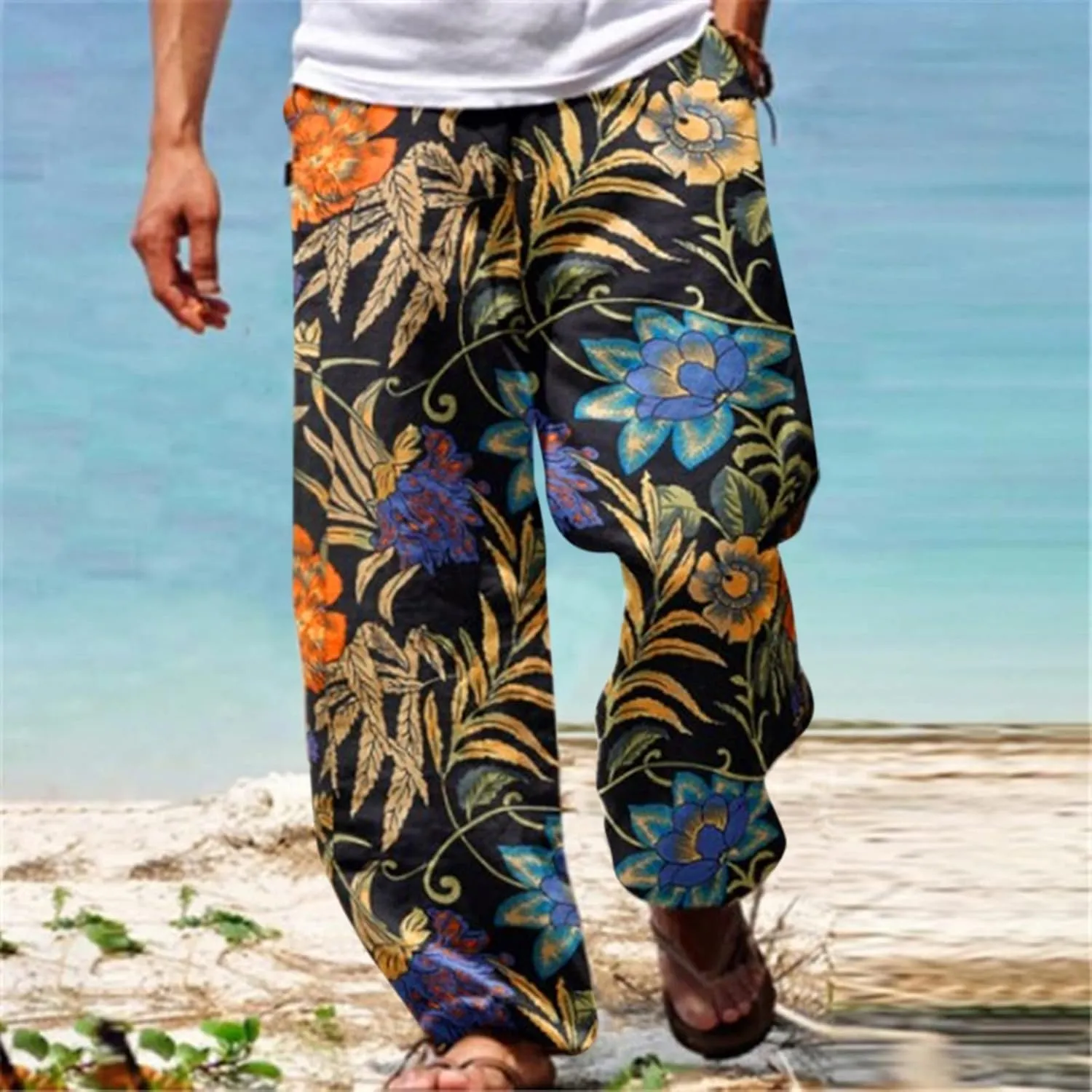 Mens Hip Hop Baggy Aladdin Harem Pants Hippie Ethnic Print Boho Beach Yoga Trousers Linen Cotton Drop Crotch Trousers