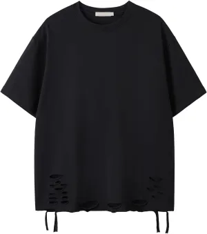 Mens Hip Hop Ripped Holes Short Sleeves T-Shirt Solid Color Streetwear Casual Top Tees Summer Harajuku Tees