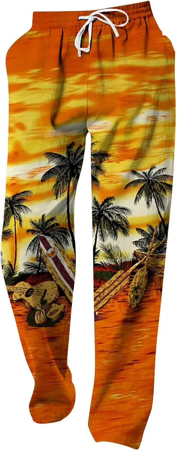 Mens Hippie Linen Harem Pants Drawstring All Over Printed Hawaiian Yoga Pants Casual Straight Leg Beach Boho Trousers
