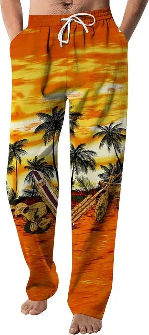 Mens Hippie Linen Harem Pants Drawstring All Over Printed Hawaiian Yoga Pants Casual Straight Leg Beach Boho Trousers