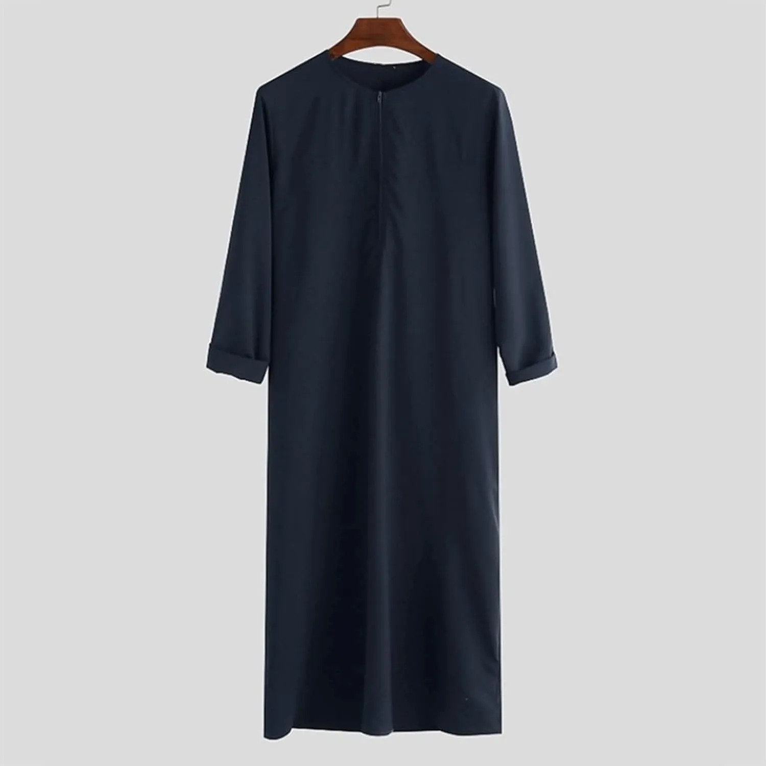 Men's Kaftan Long Sleeve Zip Up Crew Neck Muslim Robe Thobe Long Gown Muslim Middle East Kaftan Dresses with Pockets