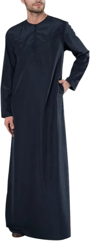 Men's Kaftan Long Sleeve Zip Up Crew Neck Muslim Robe Thobe Long Gown Muslim Middle East Kaftan Dresses with Pockets