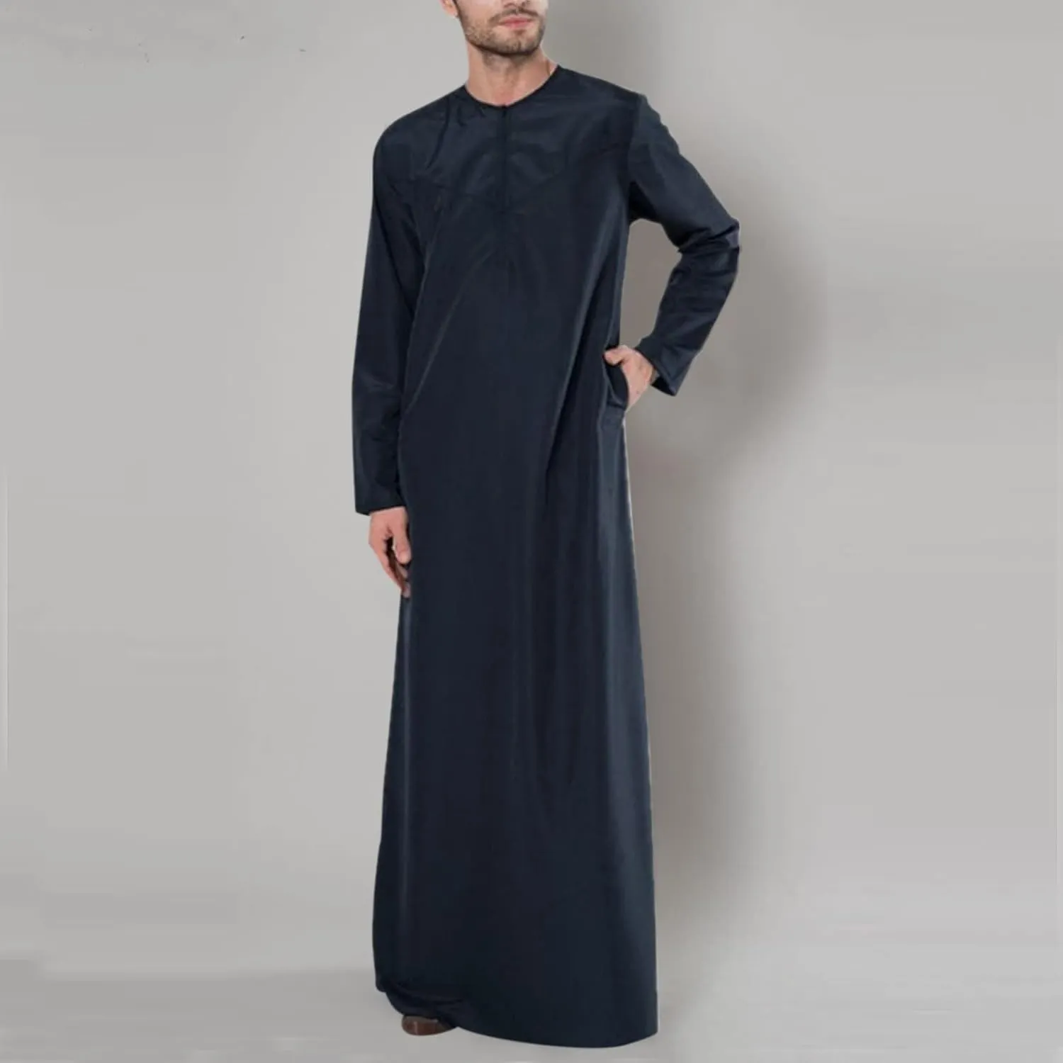 Men's Kaftan Long Sleeve Zip Up Crew Neck Muslim Robe Thobe Long Gown Muslim Middle East Kaftan Dresses with Pockets