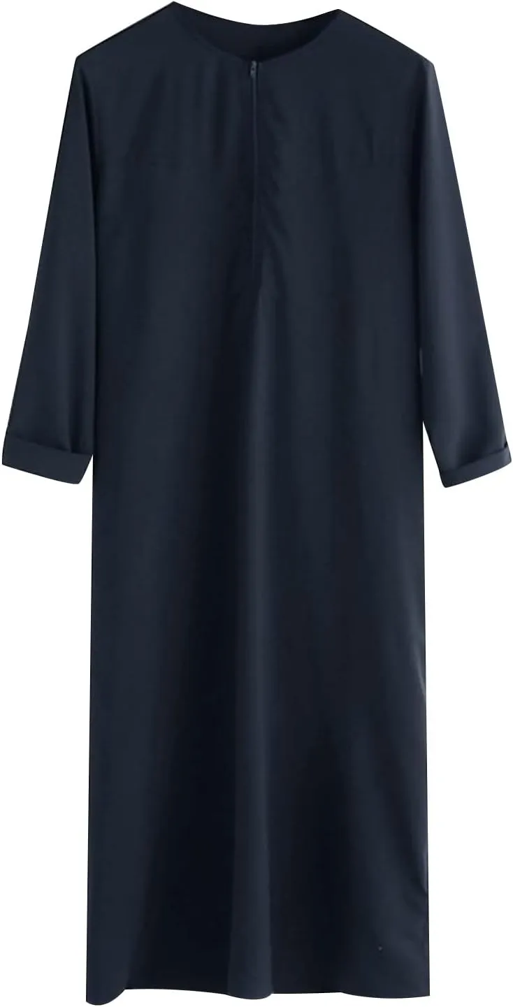 Men's Kaftan Long Sleeve Zip Up Crew Neck Muslim Robe Thobe Long Gown Muslim Middle East Kaftan Dresses with Pockets