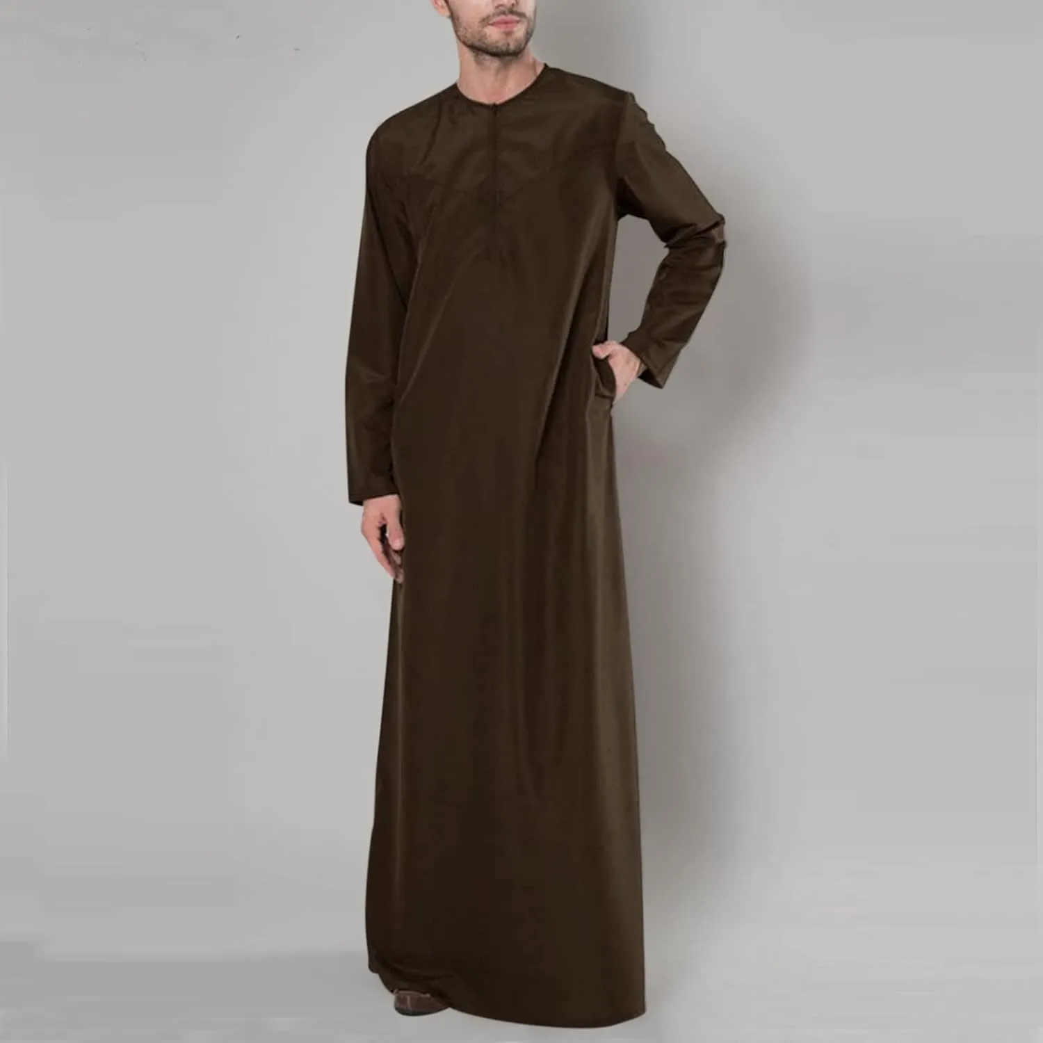 Mens Kaftan Robe Zip Up Long Sleeve Solid Extra Long Robes Gown with Pockets Long Sleeve Muslim Shirt Thobe