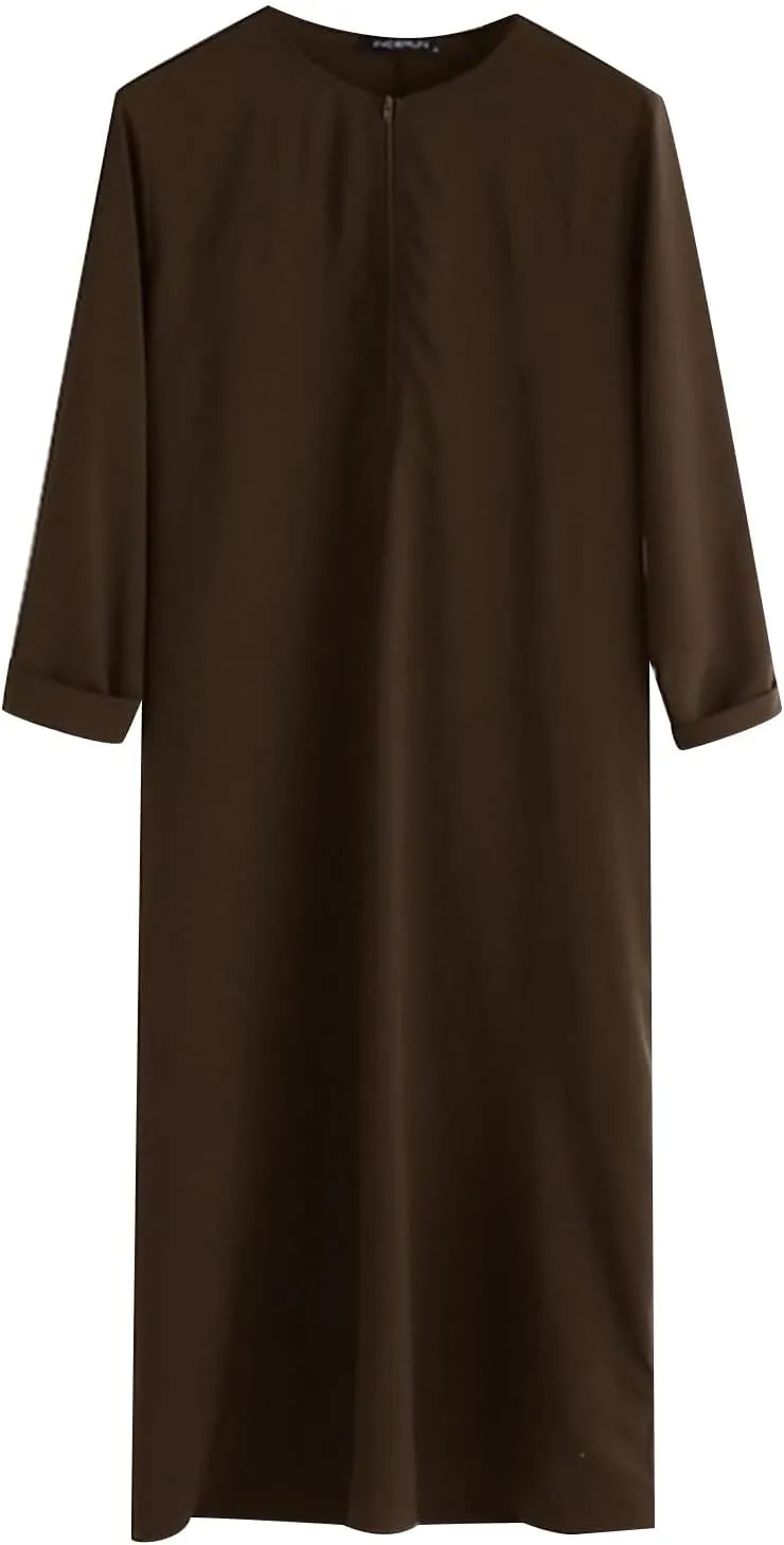 Mens Kaftan Robe Zip Up Long Sleeve Solid Extra Long Robes Gown with Pockets Long Sleeve Muslim Shirt Thobe