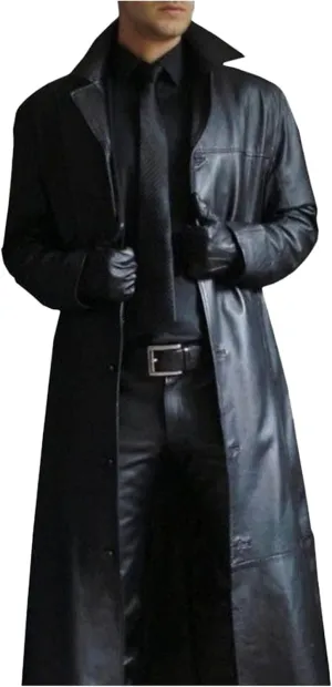 Mens Leather Trench Coat Full Length Vintage Classic Faux Leather Long Leather Jacket Winter Overcoat