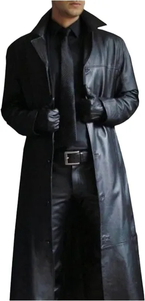 Mens Leather Trench Coat Full Length Vintage Classic Faux Leather Long Leather Jacket Winter Overcoat