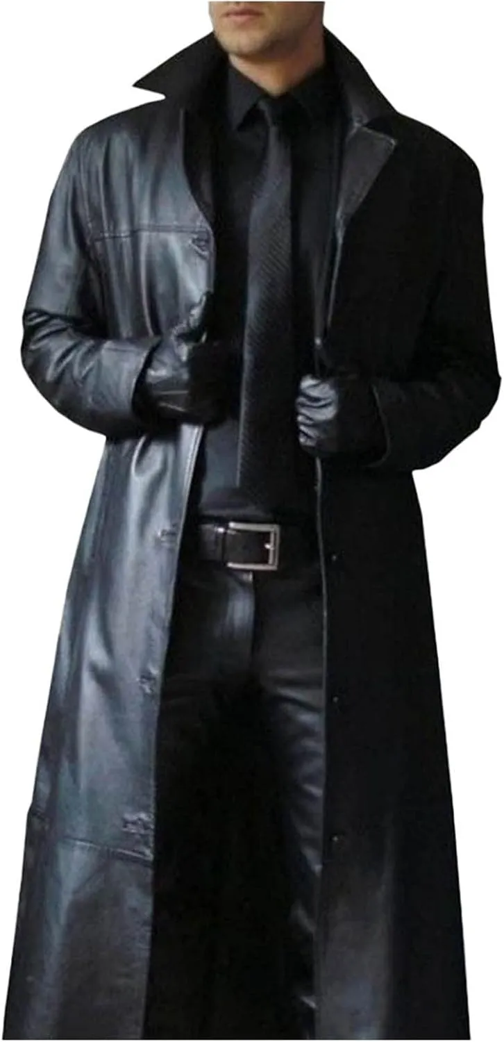 Mens Leather Trench Coat Full Length Vintage Classic Faux Leather Long Leather Jacket Winter Overcoat
