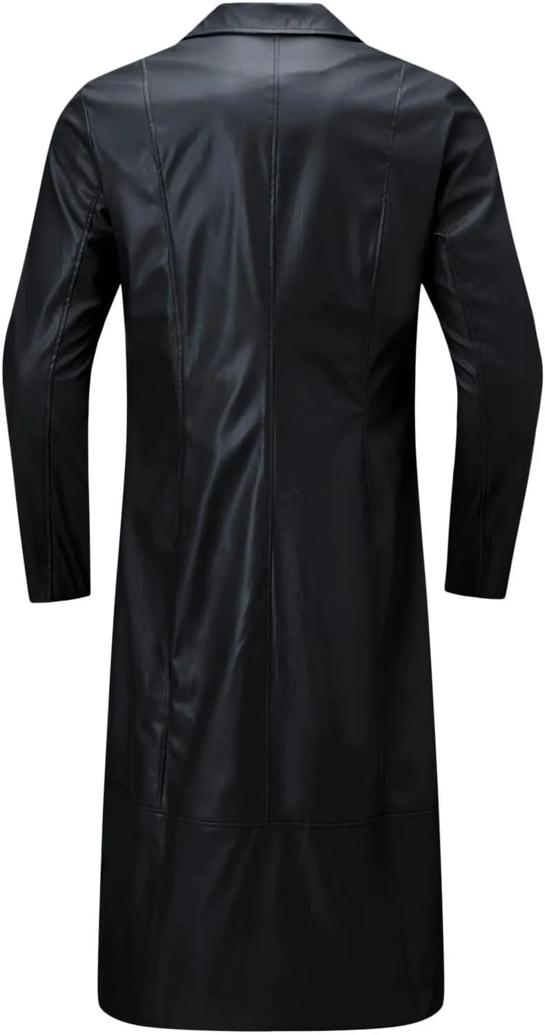 Mens Leather Trench Coat Full Length Vintage Classic Faux Leather Long Leather Jacket Winter Overcoat