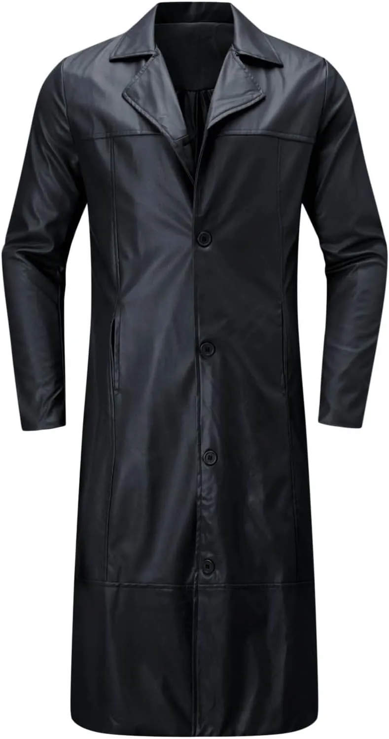 Mens Leather Trench Coat Full Length Vintage Classic Faux Leather Long Leather Jacket Winter Overcoat