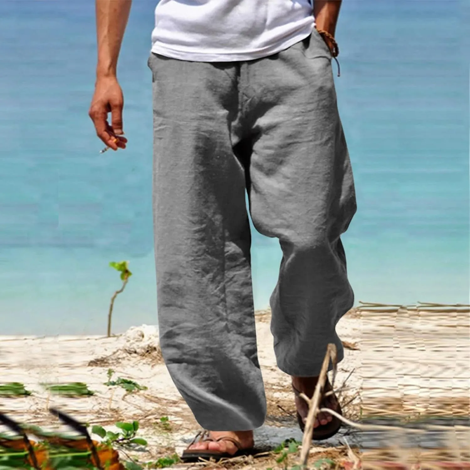 Mens Linen Harem Pants 2025 Summer Casual Loose Fit Beach Drawstring Elastic Waist Yoga Trousers with Pockets