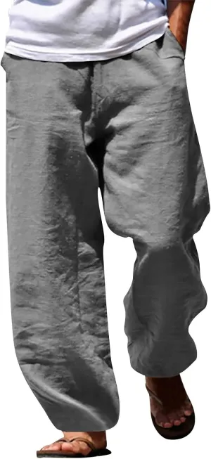 Mens Linen Harem Pants 2025 Summer Casual Loose Fit Beach Drawstring Elastic Waist Yoga Trousers with Pockets