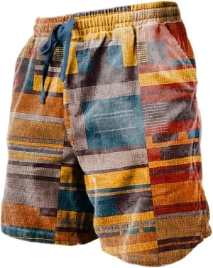 Mens Linen Plaid Bermuda Shorts Ethnic Pattern Jogger Shorts Summer Straight Drawstring Beach Short with Pockets