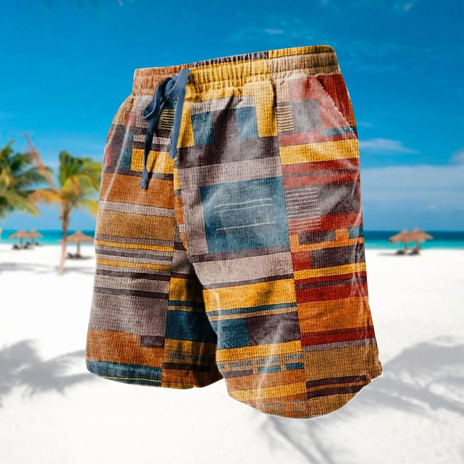 Mens Linen Plaid Bermuda Shorts Ethnic Pattern Jogger Shorts Summer Straight Drawstring Beach Short with Pockets