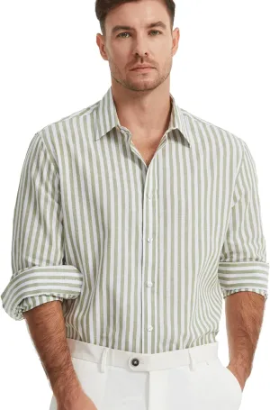 Mens Linen Shirt Vacation Casual Long Sleeve Button Down Shirt Men Striped Shirt