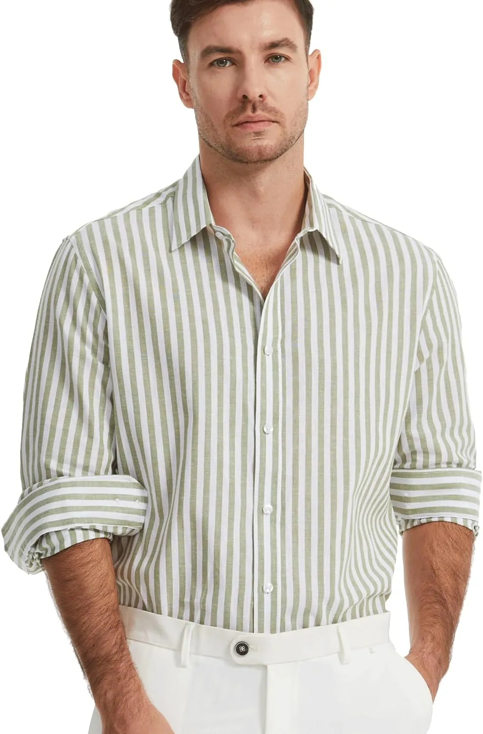 Mens Linen Shirt Vacation Casual Long Sleeve Button Down Shirt Men Striped Shirt