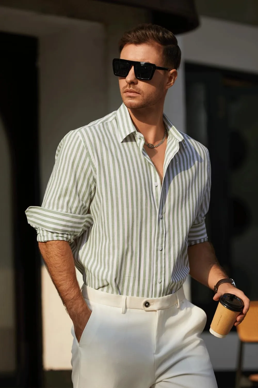 Mens Linen Shirt Vacation Casual Long Sleeve Button Down Shirt Men Striped Shirt