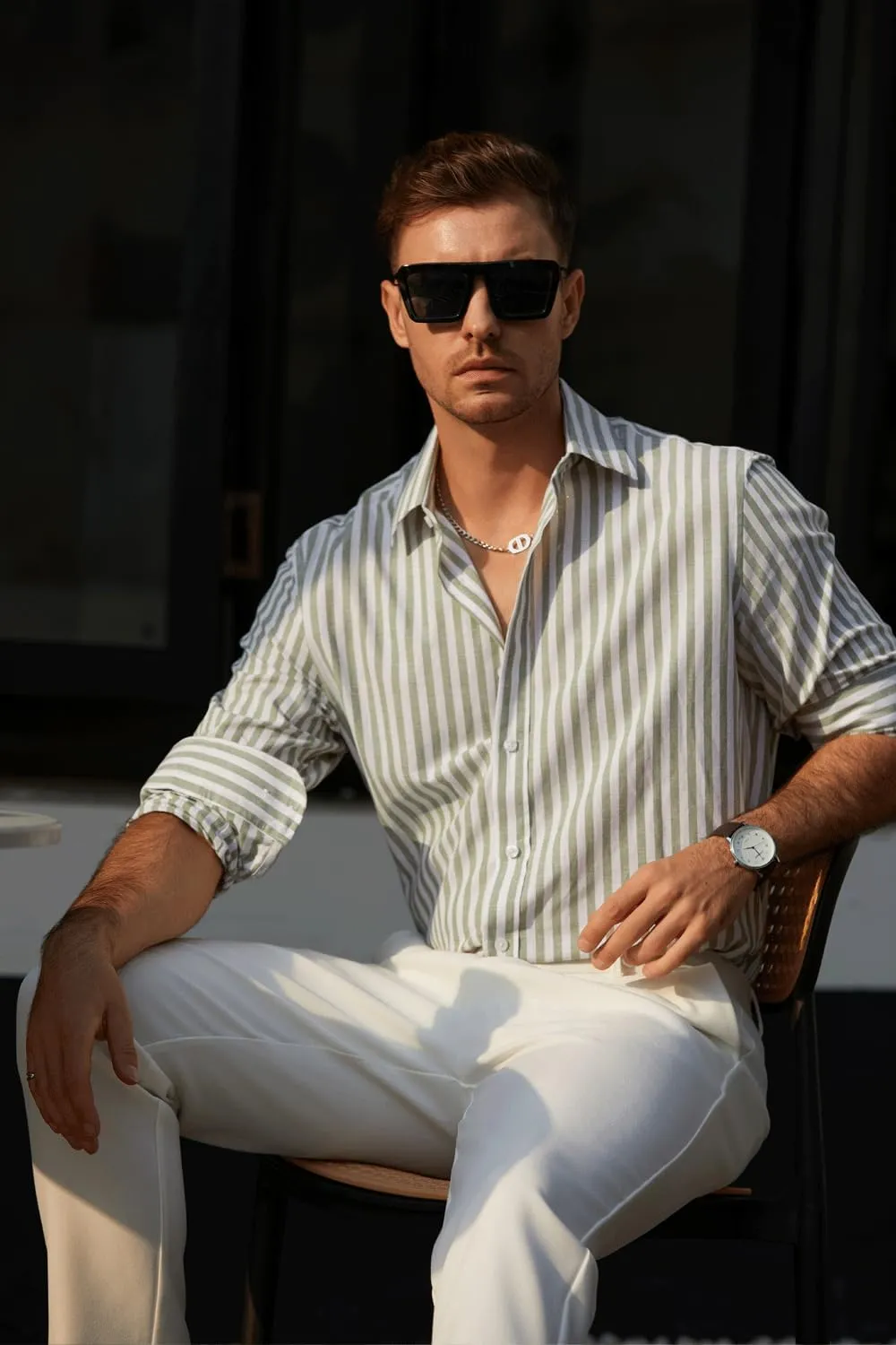Mens Linen Shirt Vacation Casual Long Sleeve Button Down Shirt Men Striped Shirt