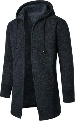 Mens Long Cardigan Hoodies Full Zip Fleece lined Sweaters Fashion Knitted Men Regular Fit Warm Sweater Hooded Coat