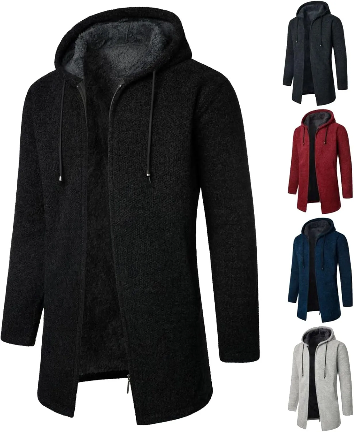Mens Long Cardigan Hoodies Full Zip Fleece lined Sweaters Fashion Knitted Regular Fit Sweater Hooded Coat for Men