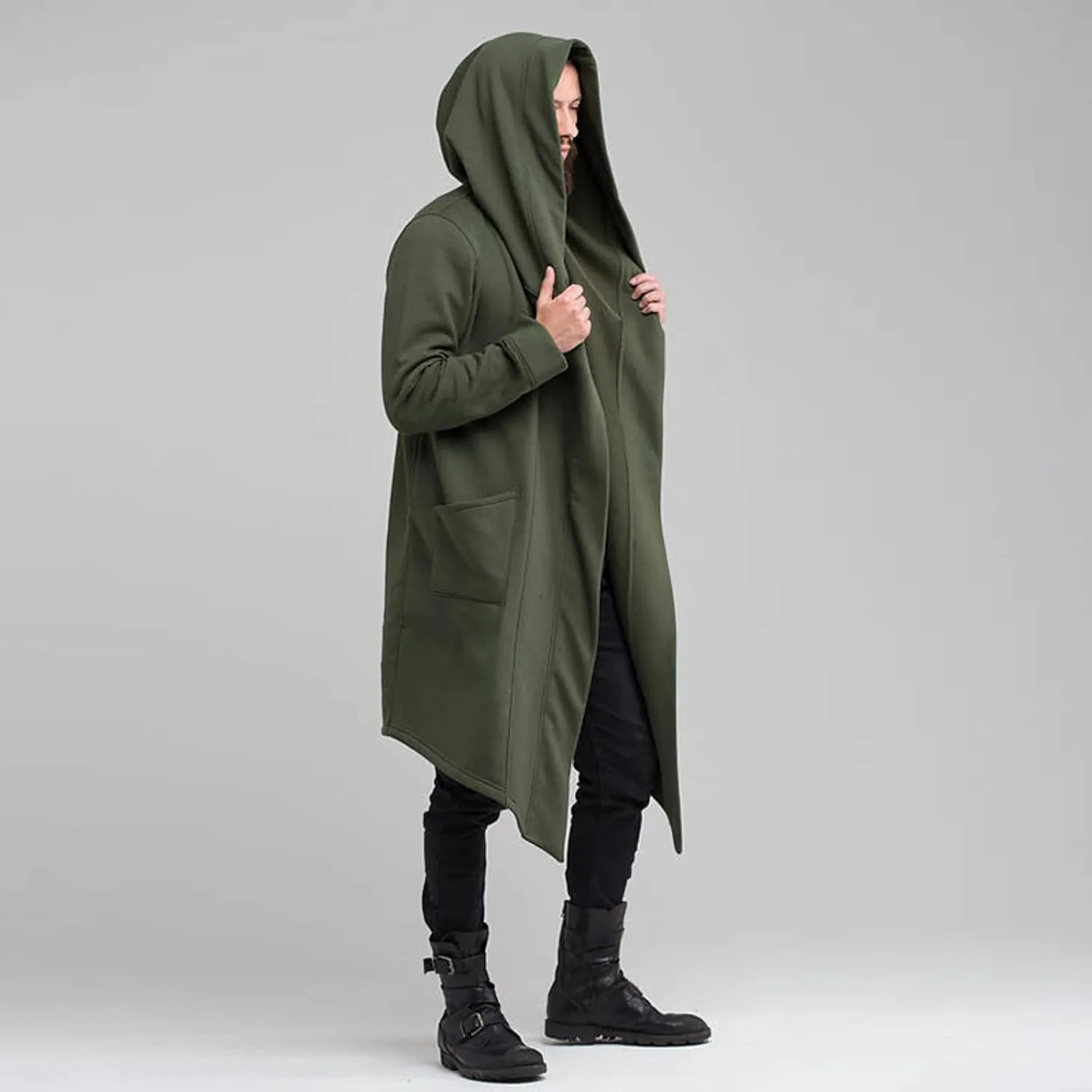 Mens Long Hooded Cardigan Trench Coat Ruffle Shawl Collar Open Front Lightweight Drape Cape Overcoat with Pockets