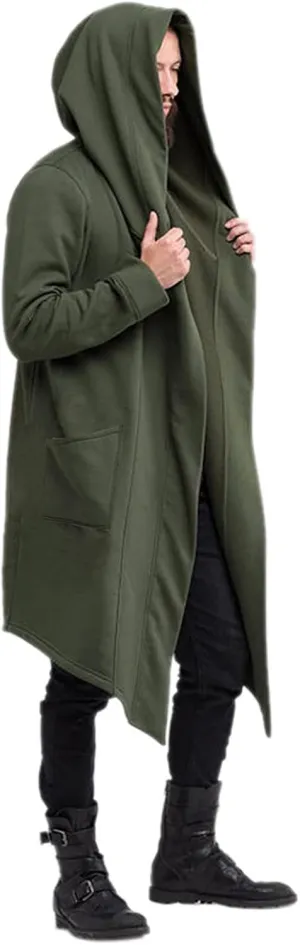 Mens Long Hooded Cardigan Trench Coat Ruffle Shawl Collar Open Front Lightweight Drape Cape Overcoat with Pockets