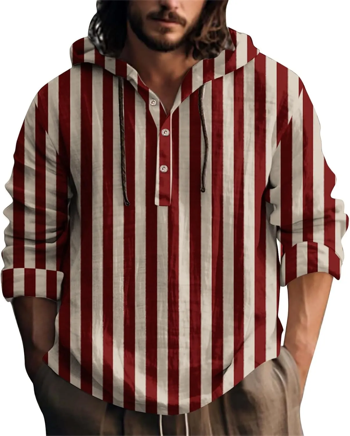 Mens Long Sleeve Linen Striped Shirts V Neck Button Up Beach Hippie Hoodies Casual Hawaiian Yoga Hooded Sweatshirts