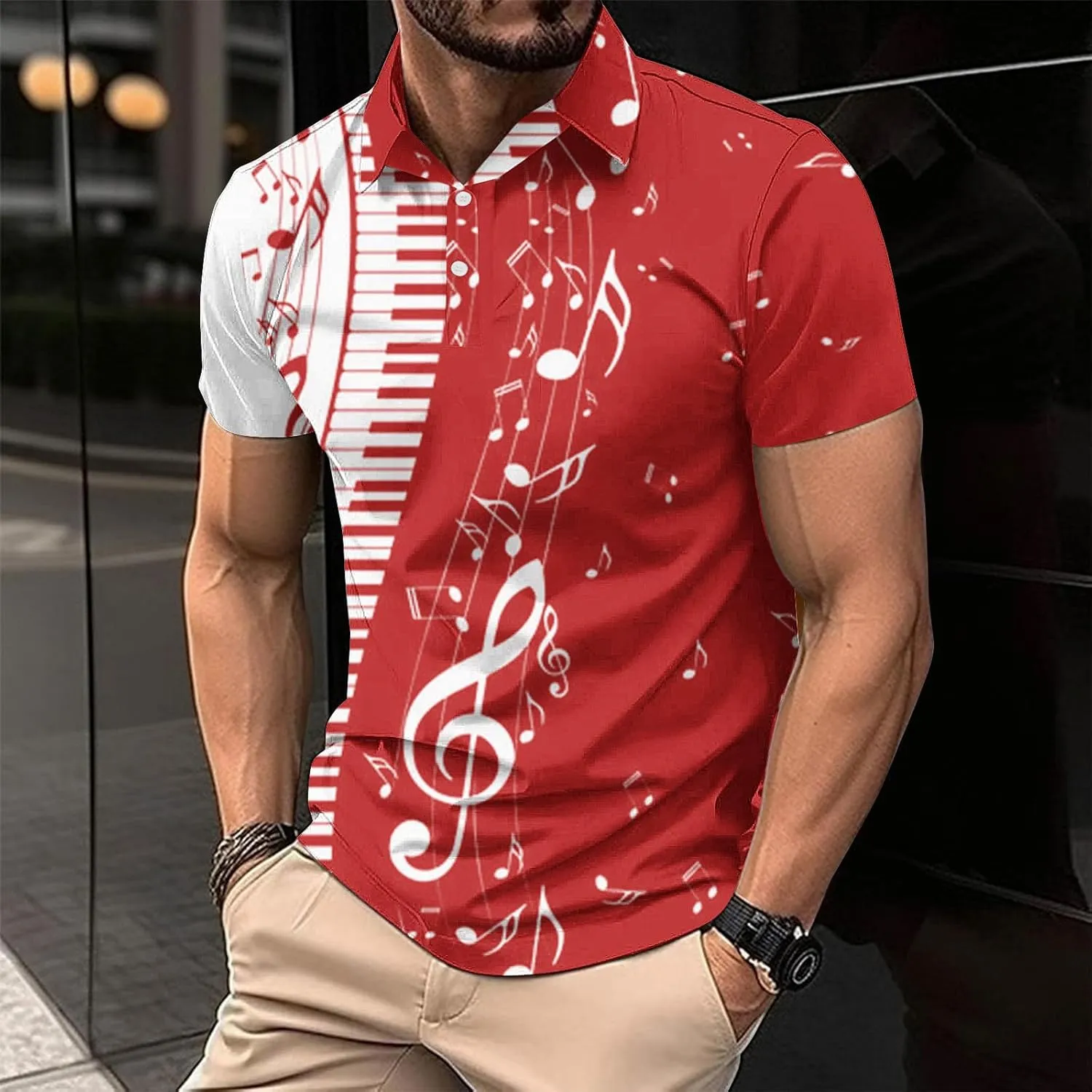 Men's Musical Notes 3D Print T Shirts Casual Slim Fit Short Sleeve Golf Polo Shirts Music Gifts for Adult, Large