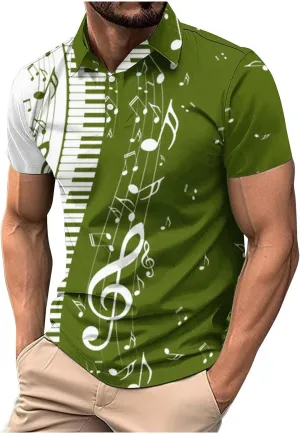 Men's Musical Notes 3D Print T Shirts Casual Slim Fit Short Sleeve Golf Polo Shirts Music Gifts for Adult, Large