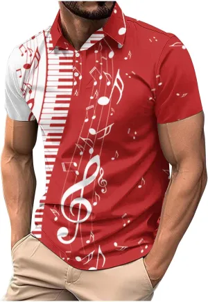 Men's Musical Notes 3D Print T Shirts Casual Slim Fit Short Sleeve Golf Polo Shirts Music Gifts for Adult, Large