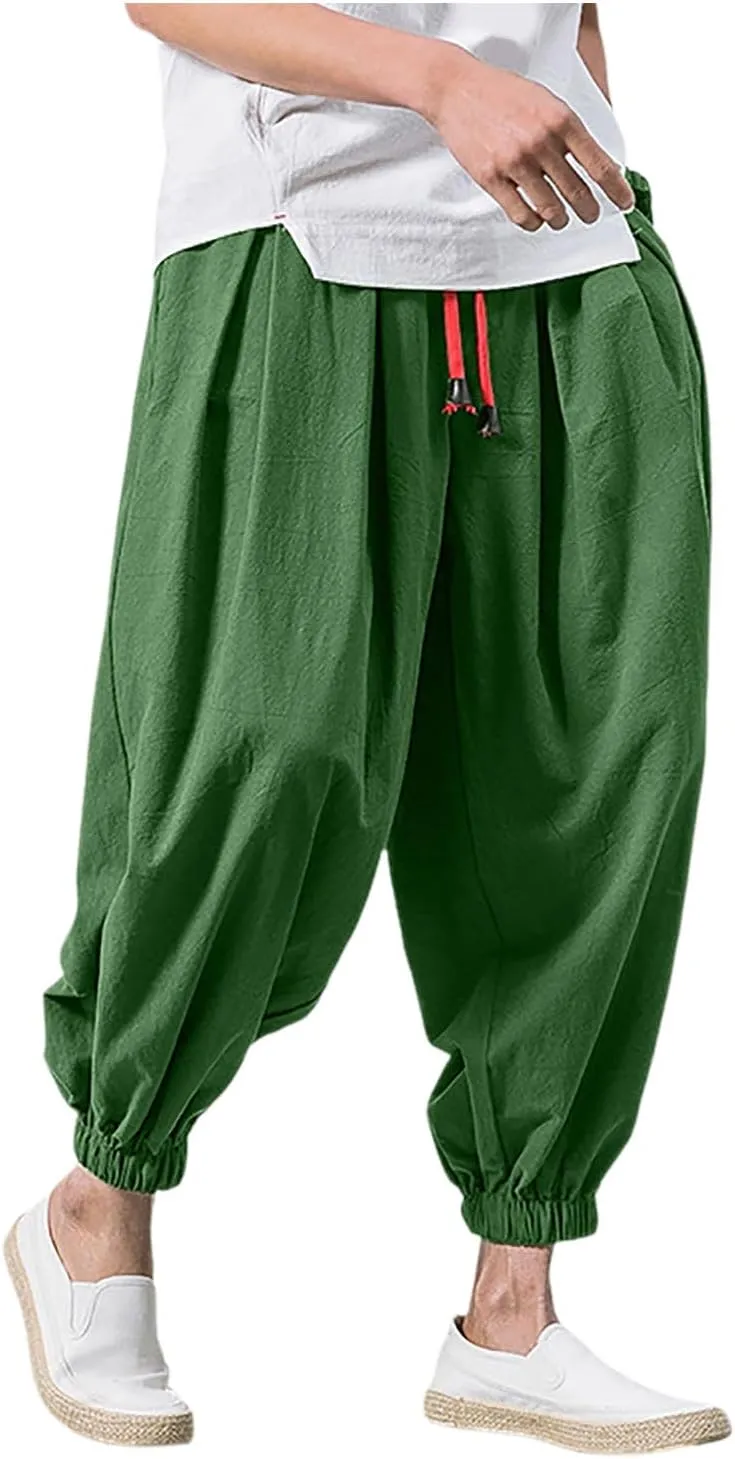 Mens Parachute Pants Baggy Linen Pants Drop Crotch Harem Pants Drawstring Joggers Trousers Hippie Pants Pirate Pants