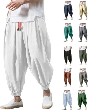 Mens Parachute Pants Baggy Linen Pants Drop Crotch Harem Pants Drawstring Joggers Trousers Hippie Pants Pirate Pants