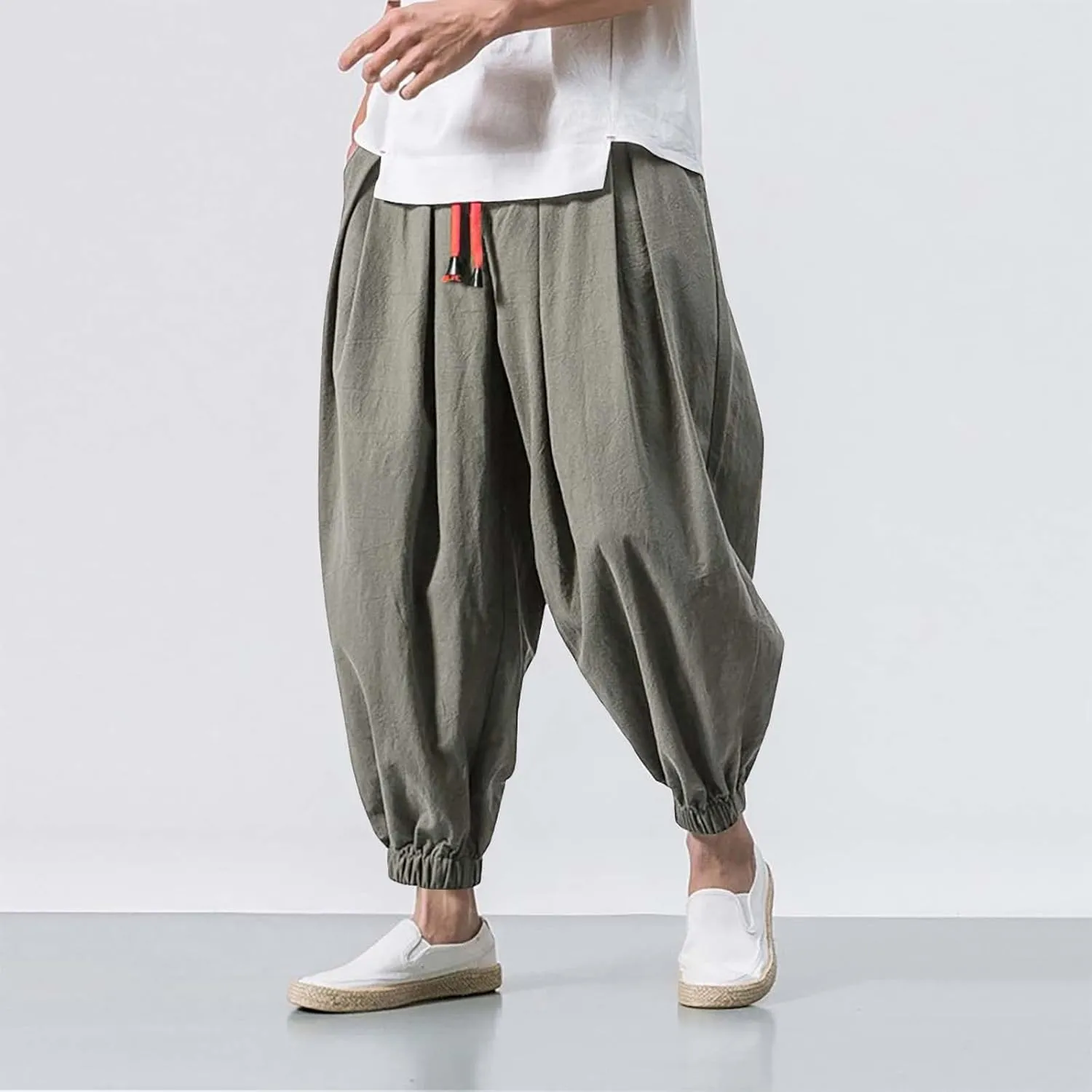 Men's Parachute Pants Harem Pants Baggy Linen Pants Drop Crotch Trousers Drawstring Joggers Hippie Pants Pirate Pants