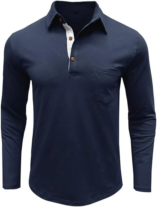Mens Polo Shirts Long Sleeve Vintage T-Shirt with Pocket Casual Slim Fit Basic Tees Solid Button Down Undershirts