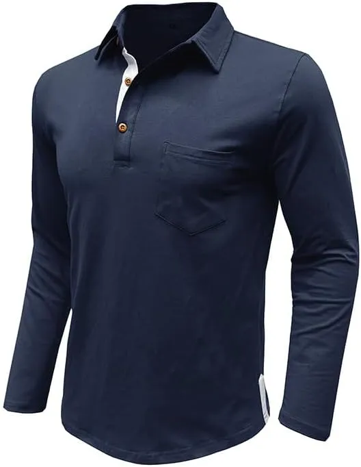 Mens Polo Shirts Long Sleeve Vintage T-Shirt with Pocket Casual Slim Fit Basic Tees Solid Button Down Undershirts